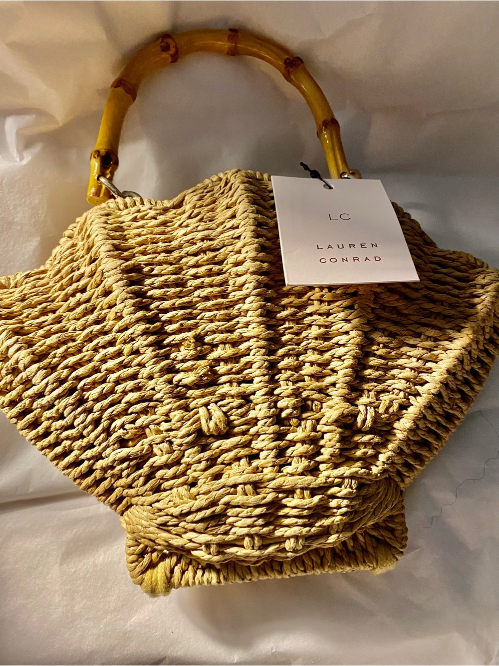 Lauren Conrad Natural Tan Straw Shell Handbag with Bamboo Handle NEW NWT - Picture 3 of 5